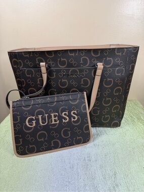 GUESS Brown Monogram Tote with Tan Trim and Matching Pouch